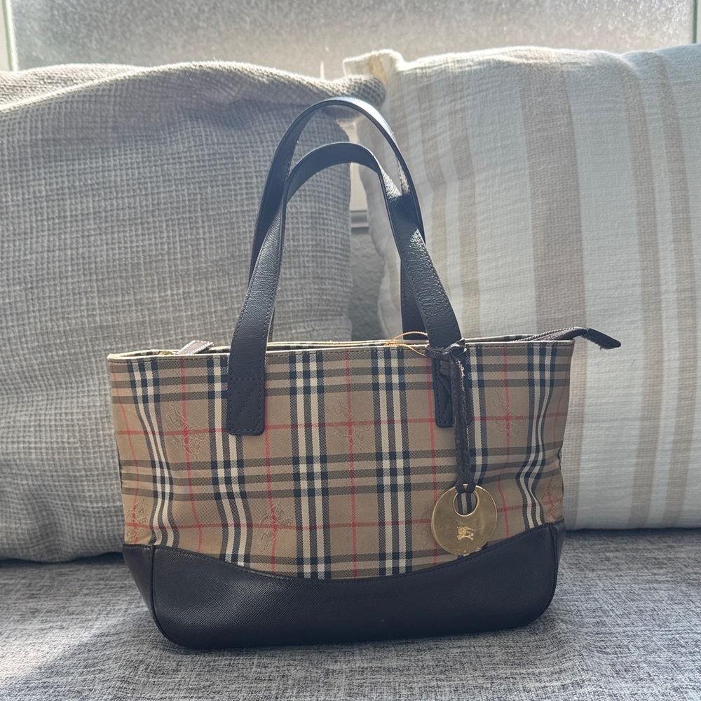 Small Burberry Beige Checkered with Brown Leather Accents Hand Bag